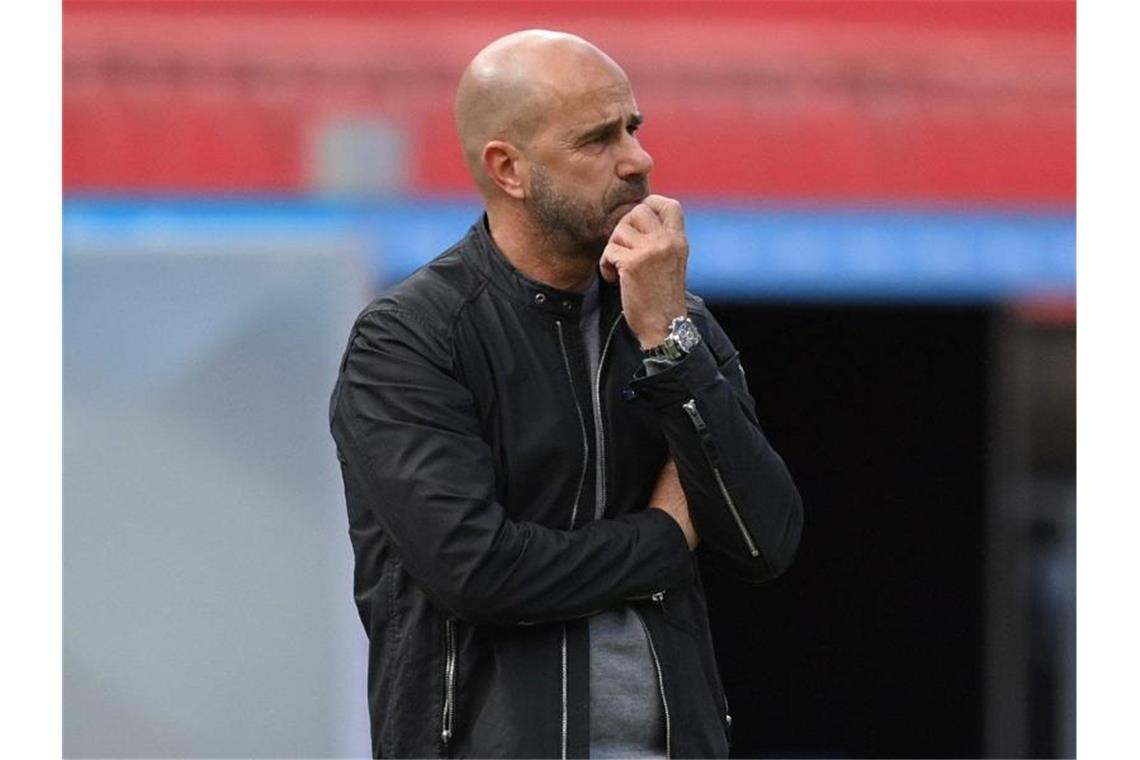 Hat seine Mannschaft für das Spiel gegen Saarbrücken auf fünf Positionen verändert: Bayer-Coach Peter Bosz. Foto: Matthias Hangst/Getty Images Europe/Pool/dpa