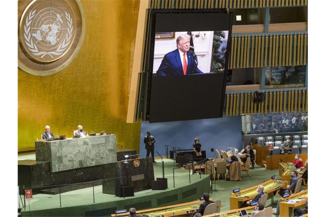 Hat während seiner Videobotschaft schwere Vorwürfe an China erhoben: US-Präsident Donald Trump (Bildschirm). Foto: Un Photo/Rick Bajornas/UN Photo/AP/dpa