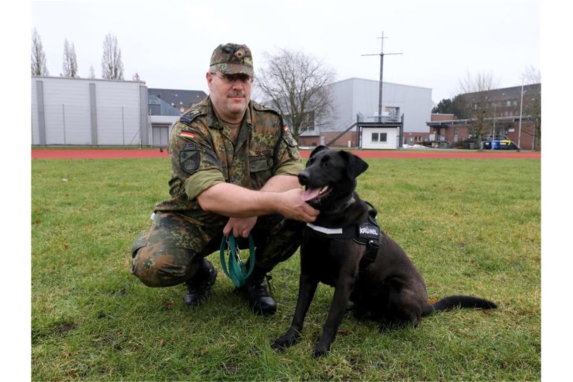 Hauptfeldwebel Alexander Schmidt von der Logistikschule der Bundeswehr in Garlstedt hat Therapiehund „Krümel“ an der Leine. Foto: Marine