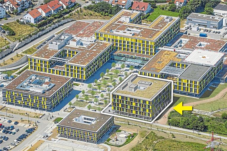 Haus D (gelber Pfeil) wird in den nächsten zwei Jahren erstellt. Foto/Visualisierung: RMK