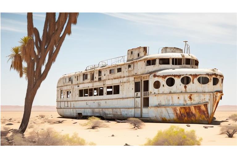 Heiß, trocken, wasserarm: Sieht so die Zukunft aus? Ein verrostetes Schiff liegt verloren im ausgetrockneten Aralsee, einem großen, abflusslosen Salzsee in Zentralasien.