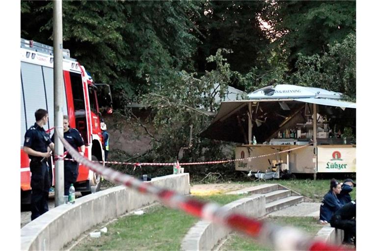 Helfer sichern den Unglücksort auf dem Gelände der Freilichtbühne am Schweriner Schlossgarten. Foto: Cornelius Kettler