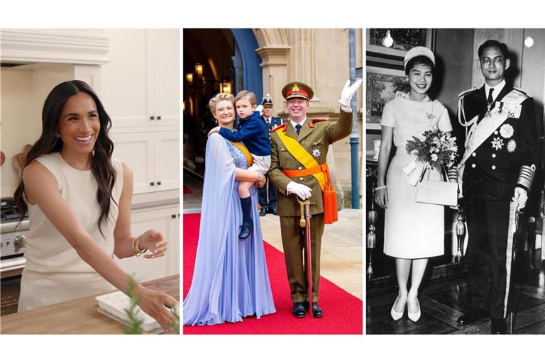 Herzogin Meghan in ihrer „With Love, Meghan“-Luxusküche (links), der frischgebackene Großherzog Guillaume mit seiner Frau Stéphanie und seinem Sohn Prinz Charles und die legendäre Königin Sirikit, Frau des thailändischen Königs Bhumibol.