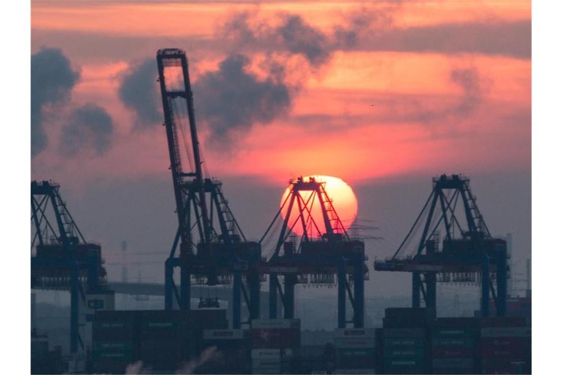 Hinter den Containerbrücken eines Terminals im Hamburger Hafen geht die Sonne unter. Foto: Christian Charisius/dpa