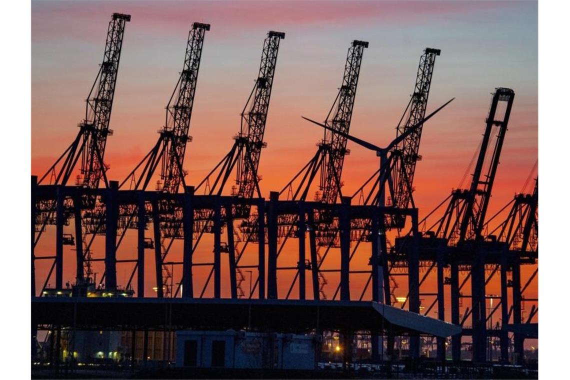 Exporteinbruch von historischem Ausmaß Hinter hochgeklappten Containerbrückenkränen im Hamburger Hafen geht die Sonne unter. Die Corona-Krise bremst den weltweiten Handel aus. Foto: Axel Heimken/dpa