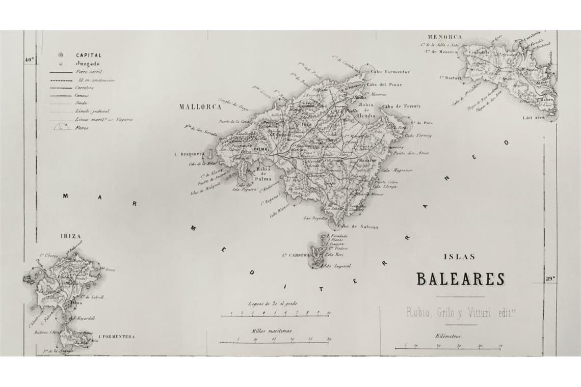 Historische Karte von den balearischen Inseln aus dem Jahr 1871.