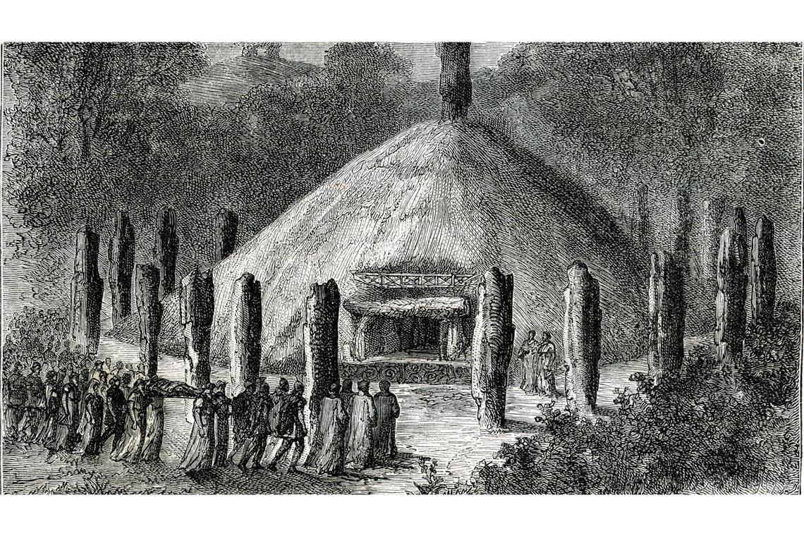 Archäologen finden in Dijon sitzend bestattete Gallier Historisierende Darstellung einer gallischen Bestattungszeremonie von F. Thorigny (1824-1870