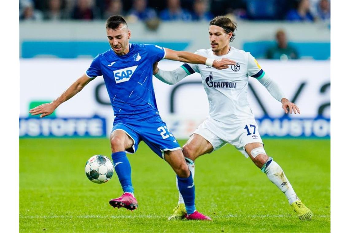 Hoffenheims Sargis Adamyan und Schalkes Benjamin Stambouli (l-r.) im Zweikampf um den Ball. Foto: Uwe Anspach/dpa