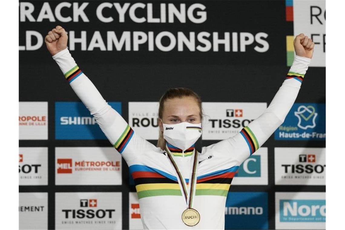 Deutsches Radsport-Jahr 2021: Politt, Moster & Gold-Frauen Holte dreimal Gold bei der Bahnrad-WM in Roubaix: Lea Sophie Friedrich. Foto: Thibault Camus/AP/dpa