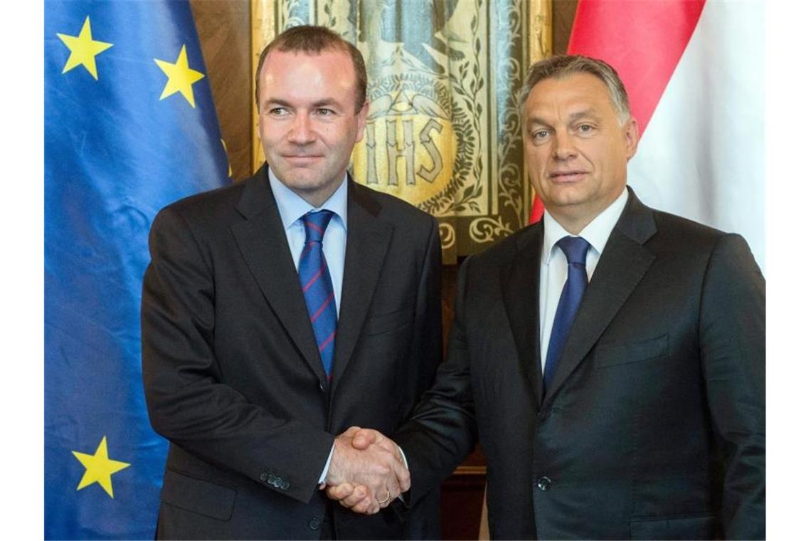 „Ich informiere Sie hiermit, dass die Fidesz-Europaabgeordneten ihre Mitgliedschaft in der EVP-Fraktion beenden.“ Viktor Orban (r.) und der EVP-Vorsitzende Manfred Weber. Foto: Szilard Koszticsak/MTI/dpa