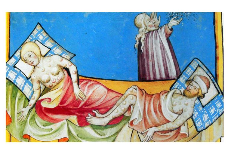 Illustration des Schwarzen Todes aus der Toggenburg Bibel, um 1411.