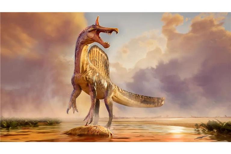Illustration eines Spinosaurus mirabilis am Ufer eines Flusses im heutigen Niger, wo sich heute die Sahara-Wüste befindet.