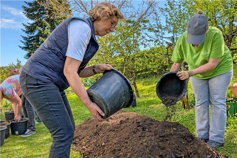 Ilse Mann (links) und Martina Stark schütten die letzten Eimer mit aufgelockerter Erde aufs aufbereitete Hügelbeet. Foto: Carolin Aichholz