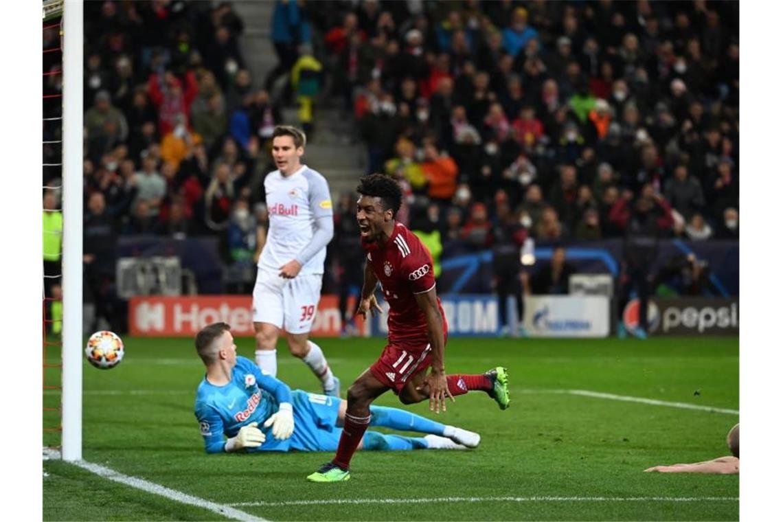 Das bringt die Fußball-Woche: Europapokal, DFB-Wahl Im Achtelfinal-Hinspiel traf Kingsley Coman in Salzburg für den FC Bayern München. Foto: Sven Hoppe/dpa