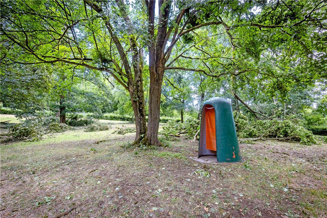 Im Backnanger Freibad Wonnemar ist die Liegewiese gesperrt. Laut Center-Manager Alexander Happold ist etwa jeder dritte Baum umgestürzt. Foto: Alexander Becher