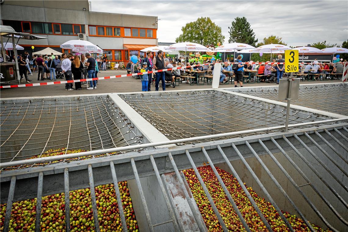 Im Hof werden die Äpfel angeliefert und landen erst einmal in großen Silos.