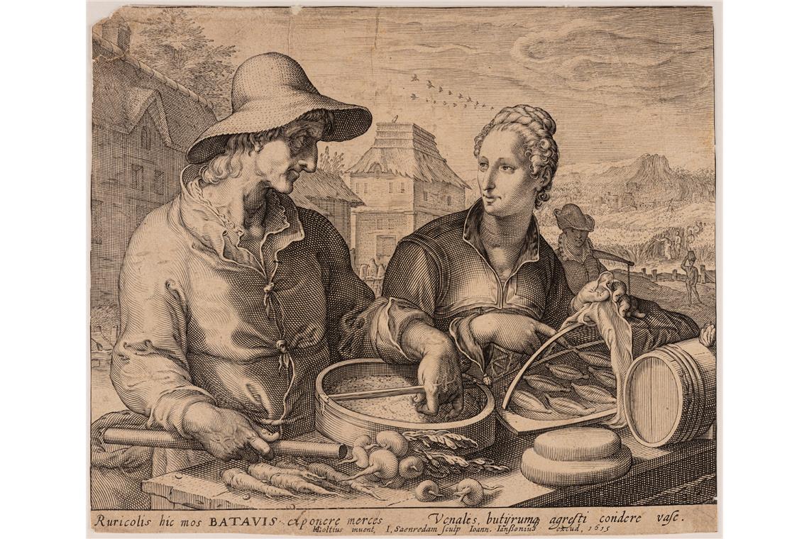Neue Ausstellung im Graphik-Kabinett in Backnang Im Kupferstich „Der Bauer und seine Frau auf dem Markt“ von Jan Saenredam von 1615 geht es nur vordergründig um Essen. Die Teigtaschen und das Gemüse symbolisieren auch Erotik. Reproduktion: Janine Kyofsky