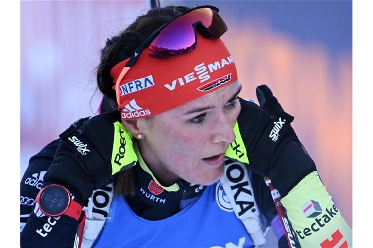 Im Massenstart nur auf Rang 23: Denise Herrmann im Ziel. Foto: Sven Hoppe/dpa