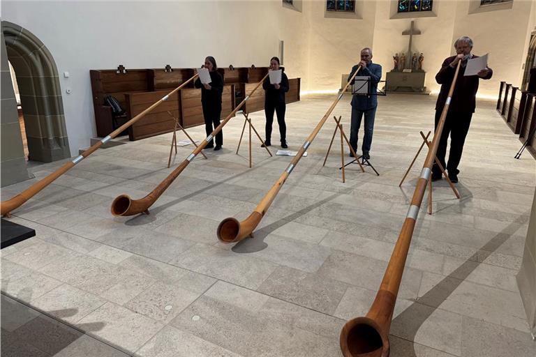 Im November vergangenen Jahres haben Christa Schäfer (von links), ihre Tochter Franziska, Martin Braun und Harald Schäfer bei einem Gottesdienst in der Stiftskirche in Backnang ihre Alphörner ausgepackt. Fotos: privat