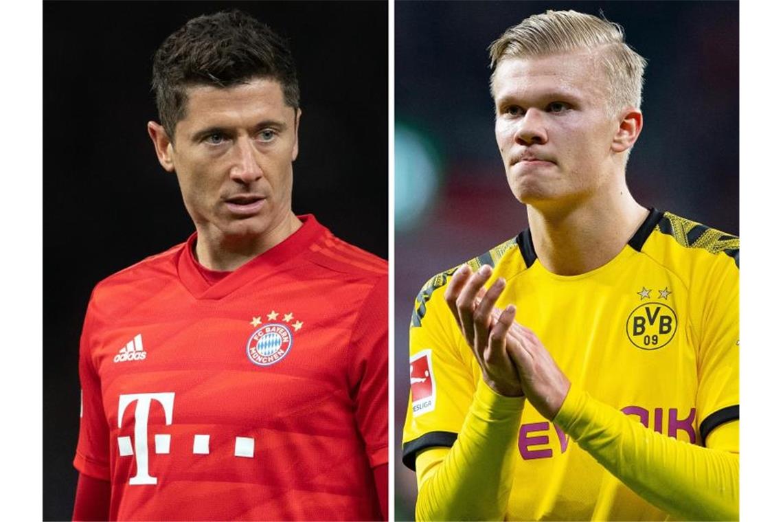 Sechs Köpfe zum Top-Spiel BVB gegen Bayern München Im Spitzenspiel kommt es auch zum Duell der Torjäger Robert Lewandowski (l) und Erling Haaland. Foto: Soeren Stache/Guido Kirchner/dpa