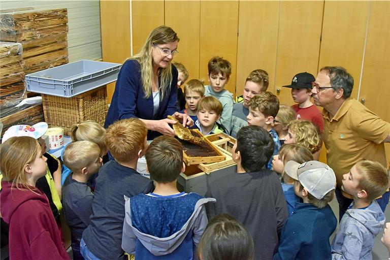 Imkerin Meike Höfliger zeigt den jungen Besucherinnen und Besuchern der Grundschule in Kirchberg das Innenleben eines Bienenstocks. Ebenfalls interessiert guckt Schuldiakon Eckhard Vörding zu. Foto: Tobias Sellmaier