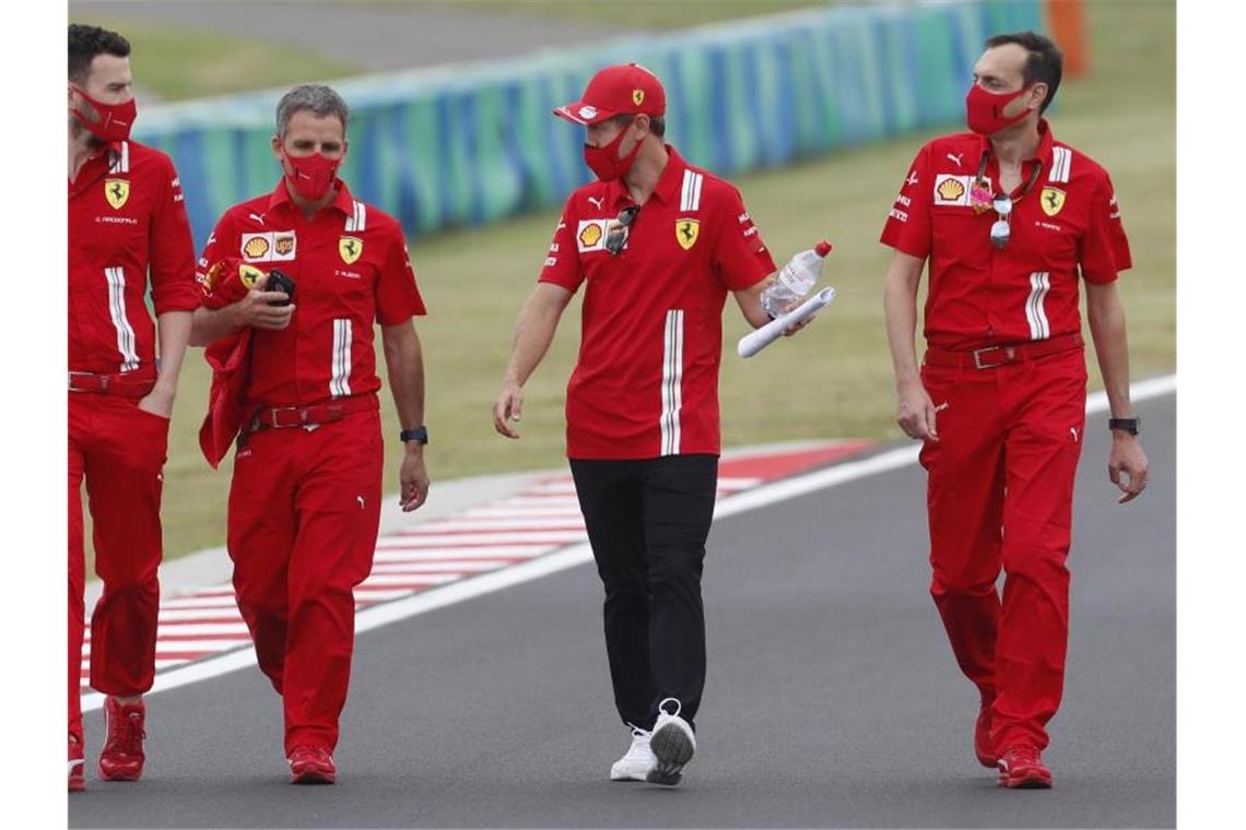 In Budapest nicht nur bei Ferrari im Fokus: Sebastian Vettel (2.v.r). Foto: Darko Bandic/STF/AP/dpa