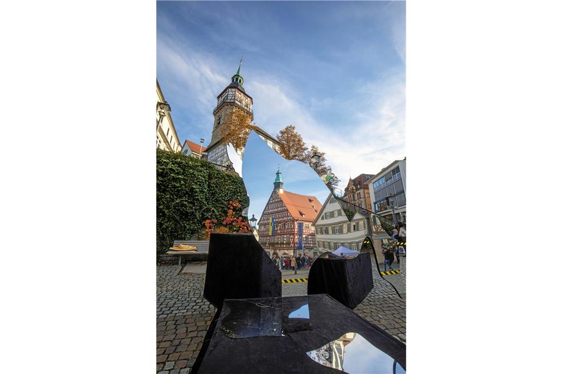 In den drei Gänsefiguren am Marktplatz spiegeln sich das Stadtbild und die Besucher – sie avancierten zum beliebten Fotomotiv.