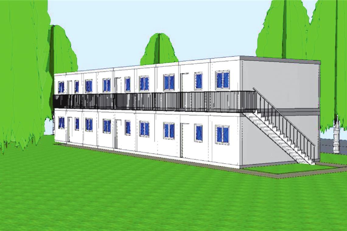 Kritik am Standort der geplanten Wohncontainer für Geflüchtete in Auenwald In der ersten Phase sollen nur die unteren Container für zwölf Personen aufgestellt werden. Visualisierung: Gemeinde/Pierre Mayer