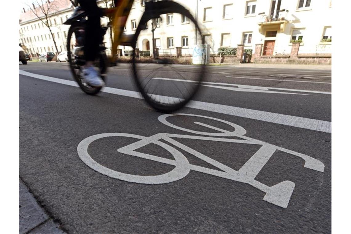 In der Karlsruher Innenstadt fährt ein Radfahrer auf einem Fahrradstreifen. Foto: Uli Deck/dpa