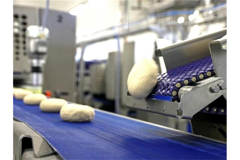 In einer Produktionshalle einer Bäckerei liegen Teiglinge auf einem Band. Foto: Ferdinand Merzbach/dpa/Archivbild