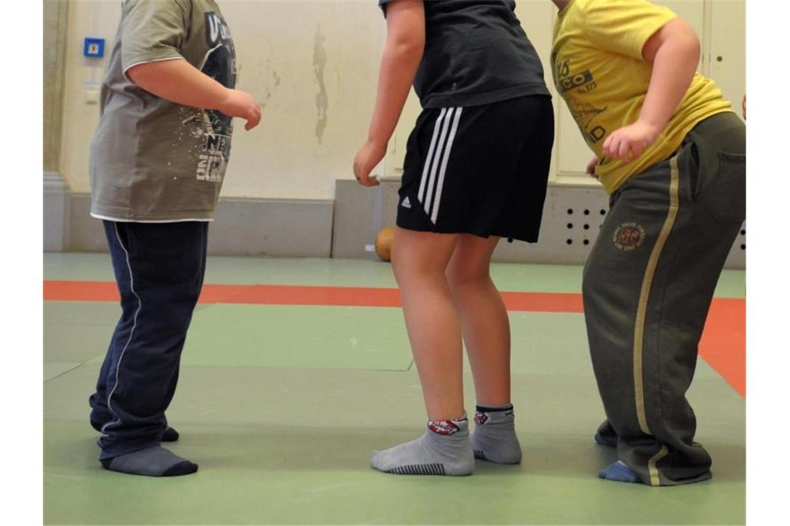 In einer Sporthalle nehmen übergewichtige Kinder an einem Sportprogramm teil. Foto: Waltraud Grubitzsch/dpa-Zentralbild/dpa/Symbolbild