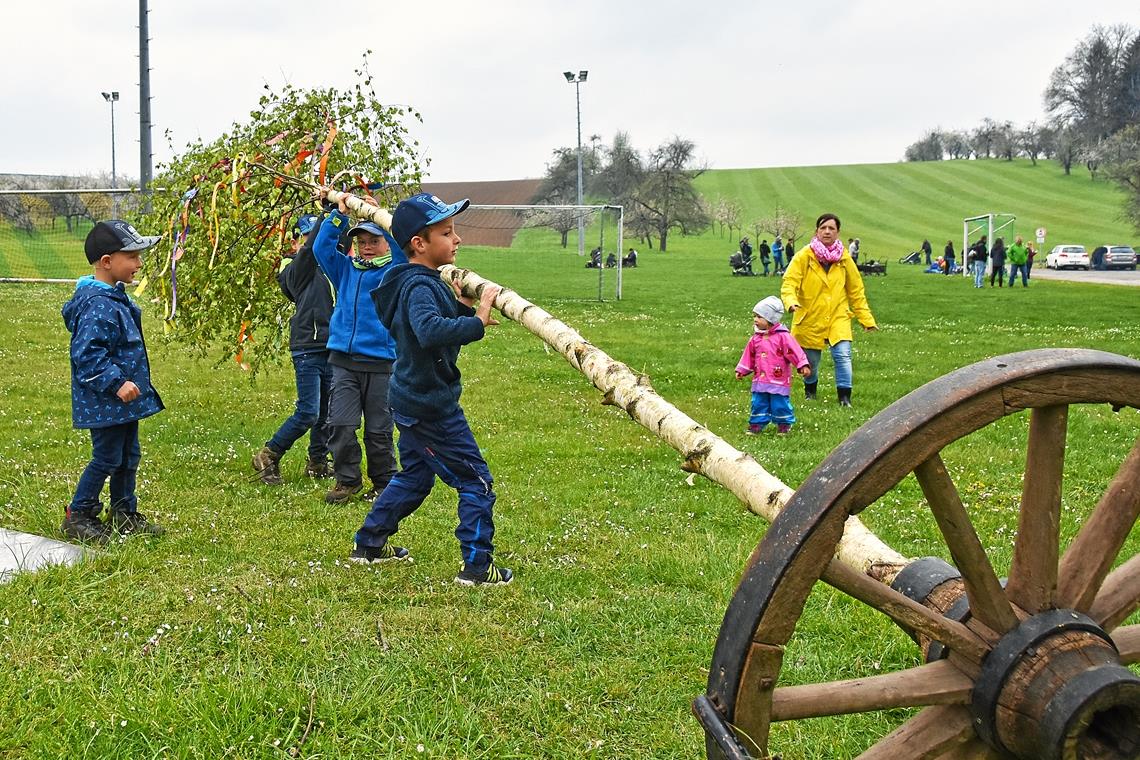 In Erbstetten beim Festplatz: Hier konnten die Besucher sich im Maibaumaufstellen üben.