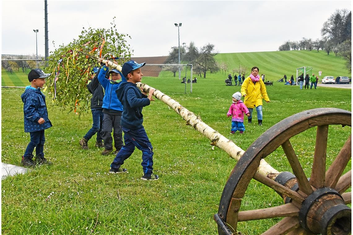 In Erbstetten beim Festplatz: Junge Besucher beim Maibaumaufstellen