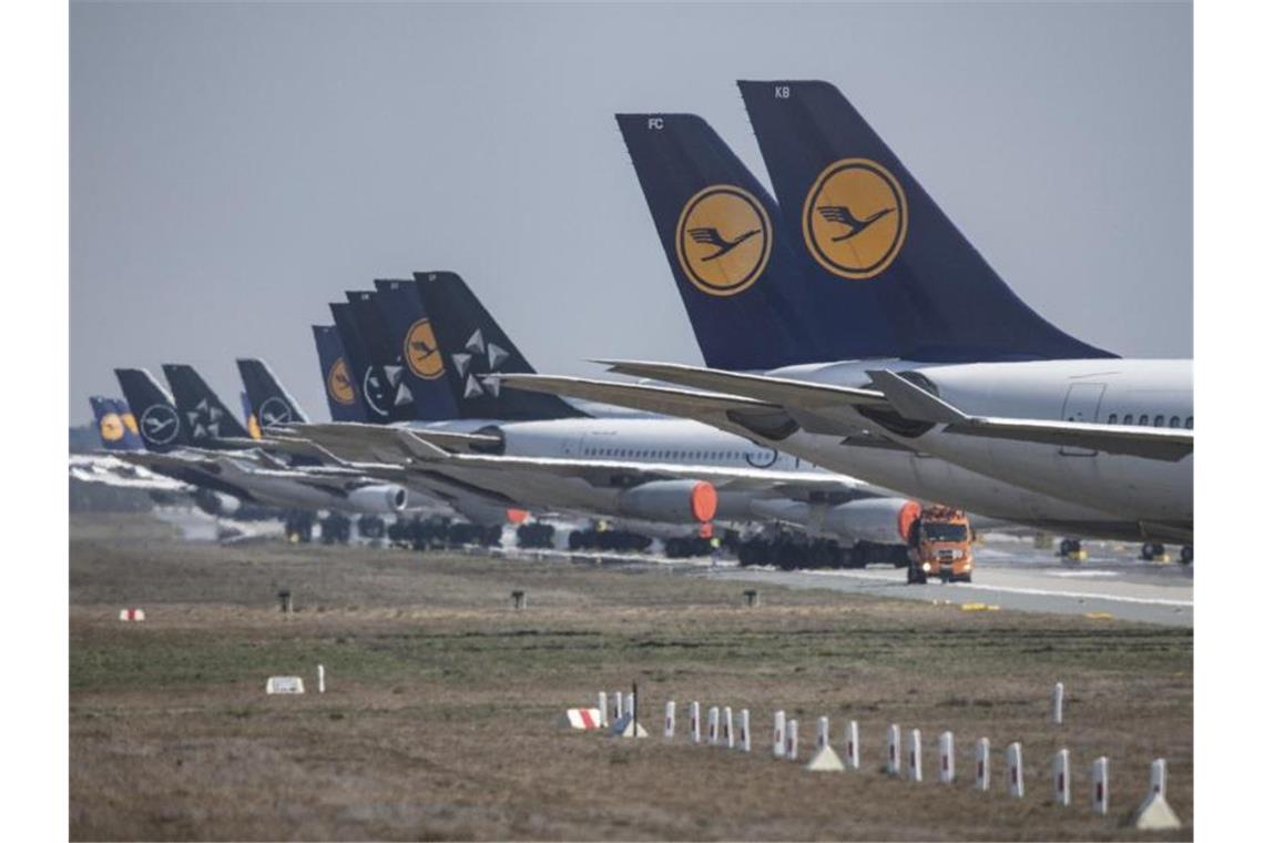 In langer Reihe parken Lufthansa-Maschinen am Frankfurter Flughafen. Foto: Boris Roessler/dpa