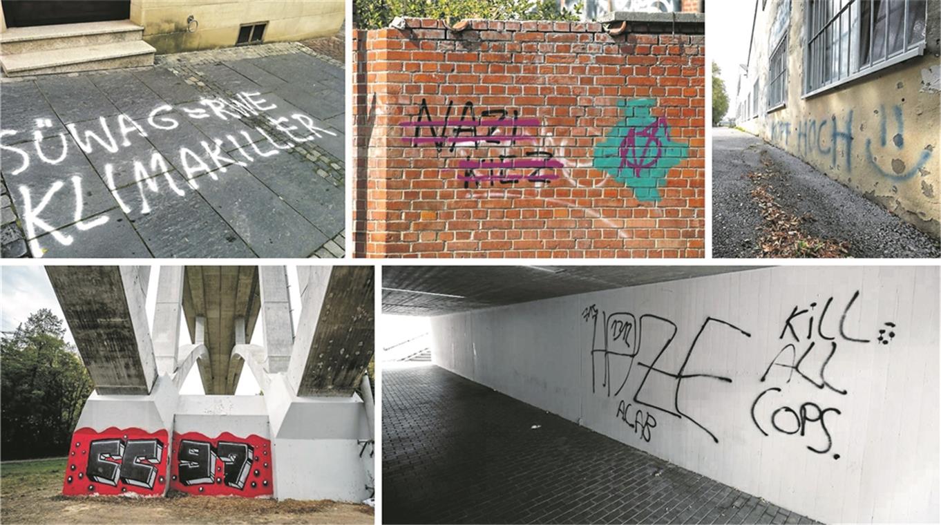 In und um Backnang tauchen derzeit Graffiti auf, manche sind schon älter und werden nicht entfernt, andere sind ganz neu und verschwinden auch schnell wieder. Fotos: A. Becher (4)/S. Latzel (1)
