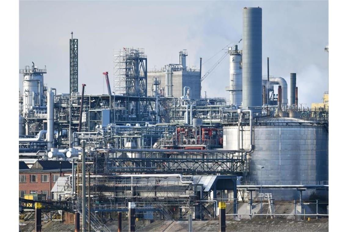 Industrieanlagen des Chemiekonzerns BASF stehen am Rheinufer auf dem Werksgelände. Foto: Uwe Anspach/dpa/Archivbild