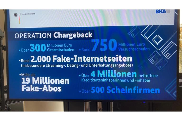 Informationen zu "Operation Chargeback" sind im Rahmen einer Pressekonferenz beim BKA auf einem Bildschirm zu sehen.