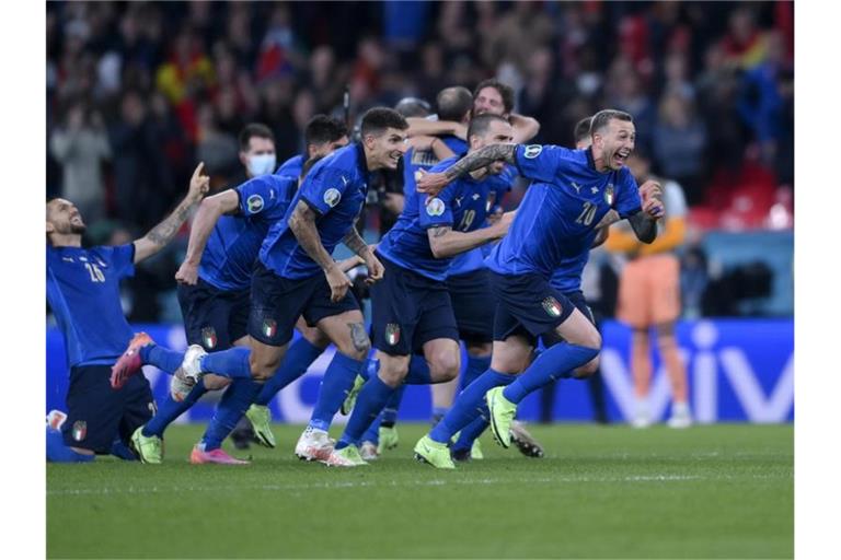 Italien spielt am Sonntag im Finale in Wembley um den EM-Titel. Foto: Laurence Griffiths/Pool Getty/AP/dpa