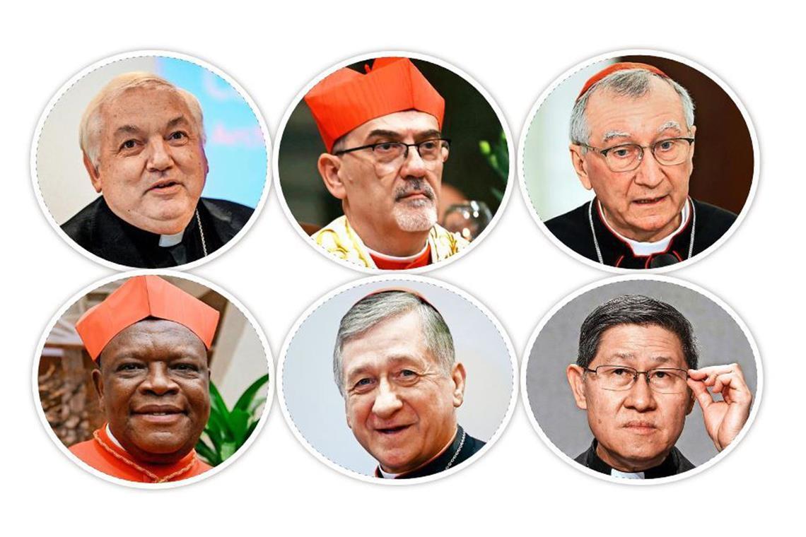 Einige Favoriten, null Gewissheit Jean-Marc Aveline, Pierbattista Pizzaballa, Pietro Parolin, Fridolin Ambongo Besungu, Blase Joseph Cupich, Luis Antonio Gokim Tagle, (von links oben im Uhrzeigersinn)