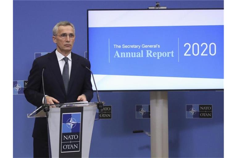 Jens Stoltenberg, NATO-Generalsekretär, spricht während einer Online-Pressekonferenz im Nato-Hauptquartier und stellt dabei den Jahresbericht für das Jahr 2020 der NATO vor. Foto: Yves Herman/Pool Reuters/AP/dpa
