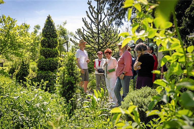 Joachim Jung (links) führt durch den Naturgarten der Familie, in dem es grünt und blüht, aber auch kreucht und fleucht. Fotos: Alexander Becher