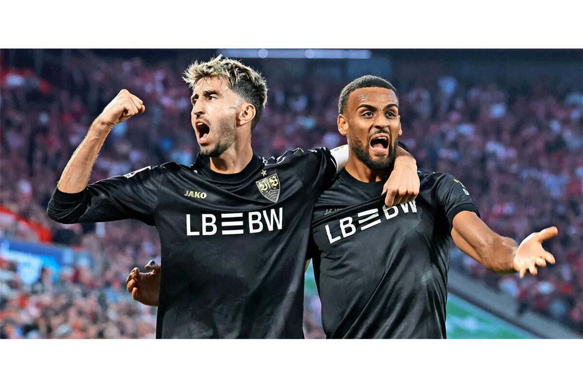 Der zweite Anzug zwickt ein bisschen Josha Vagnoman (re.) und Atakan Karazor bejubeln den Auswärtssieg in Köln: Vagnoman avancierte zum Matchwinner, Karazor überzeugte mit stabiler Leistung.