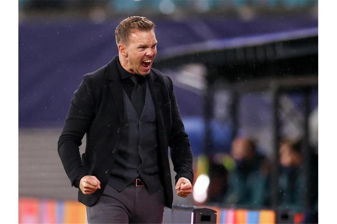 Jubelt RB-Coach Julian Nagelsmann mit Leipzig auch in Old Trafford?. Foto: Jan Woitas/dpa-Zentralbild/dpa