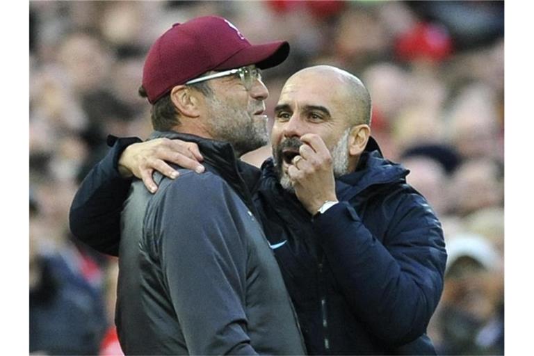 Jürgen Klopp trifft mit dem FC Liverpool am siebten Spieltag der Premier League auf Manchester City und deren Trainer Pep Guardiola. Foto: Rui Vieira/AP/dpa