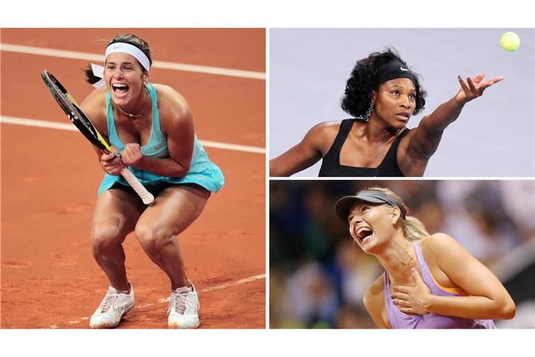 Julia Görges (links) bejubelt ihren Sieg 2011, Maria Sharapova (rechts unten) den Erfolg drei Jahre später. Weniger gut läuft es für Serena Williams 2008.