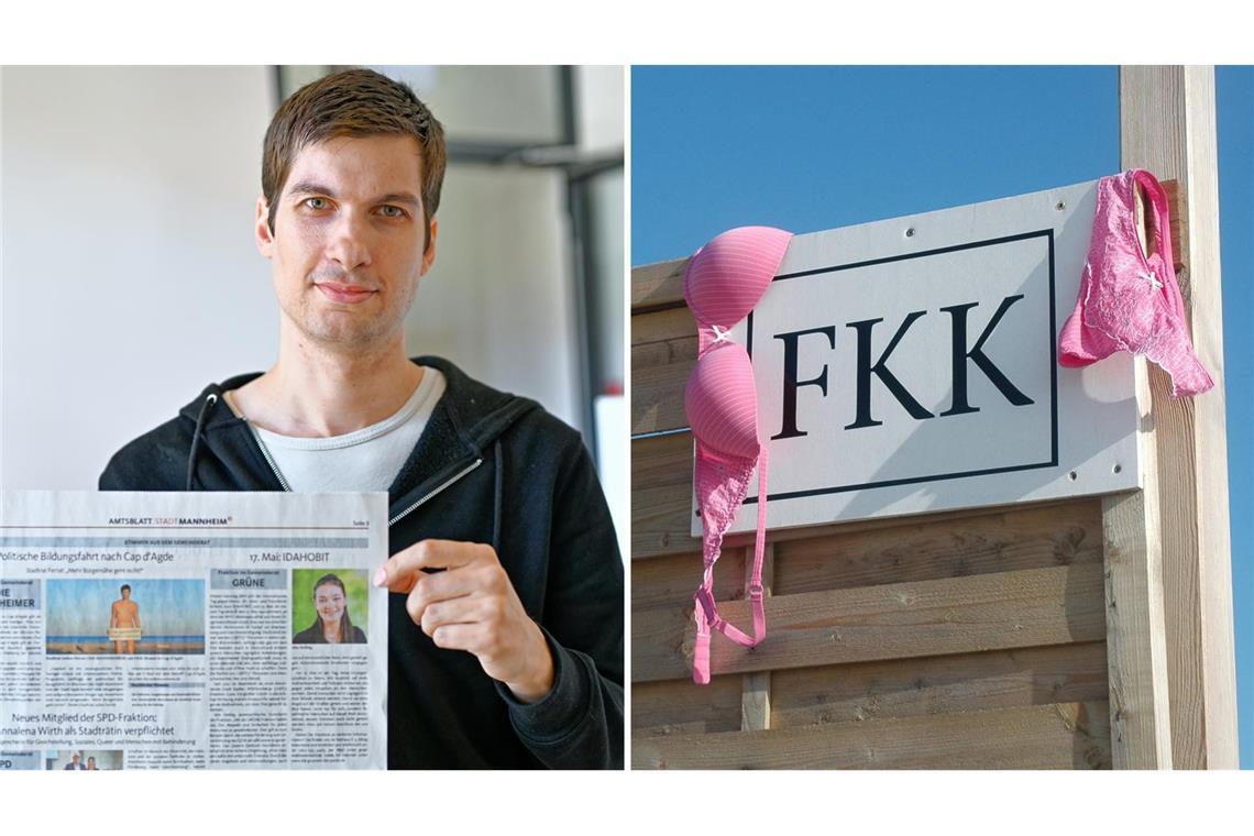 Mannheimer Politiker lädt zu „unvergesslichem FKK-Swinger-Urlaub“ ein Julien Ferrat hebt das Mannheimer Amtsblatt nach oben. Darauf zu sehen: er, nackt am Strand – nur sein Geschlechtsteil ist bedeckt.