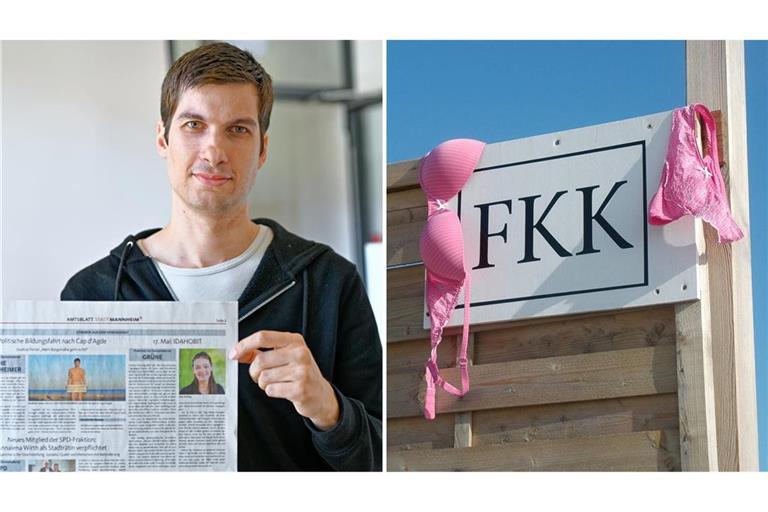 Julien Ferrat hebt das Mannheimer Amtsblatt nach oben. Darauf zu sehen: er, nackt am Strand – nur sein Geschlechtsteil ist bedeckt.