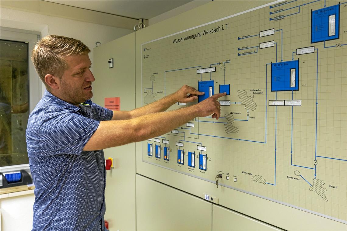 Kämmerer Alexander Holz erklärt: Bei Wasserknappheit füllt das Fremdwasser der NOW (rechts) den Wasserhochbehälter Hohholz (links) automatisch wieder auf. Fotos: Alexander Becher