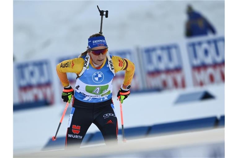 Kämpft mit Deutschlands Biathlon-Frauen um eine Staffel-Medaille in Pokljuka: Franziska Preuß. Foto: Sven Hoppe/dpa