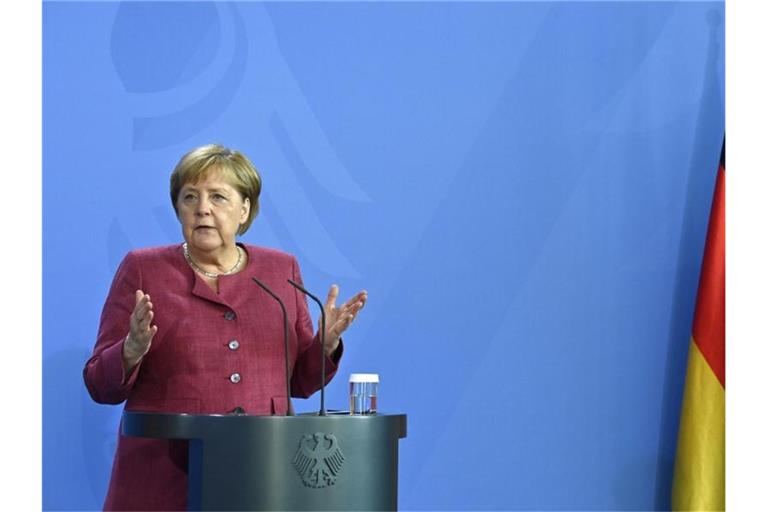 Kanzlerin Angela Merkel gibt nach dem virtuellen G7-Gipfel ein Statement ab. Foto: John Macdougall/AFP POOL/dpa